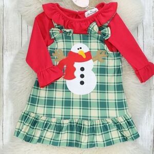 NWT Girls Red Ruffle Shirt with Green Overall Dress with Snowman - Size 6-12 mo